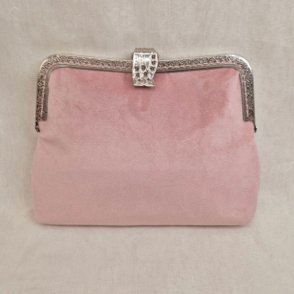 Pink Clutch/Pale Pink Velvet Kiss Clasp Clutch Purse/Special Occasions bag/Wedding Clutch/Prom/Kiss Lock Purse/Velvet Purse/Pink Frame Purse