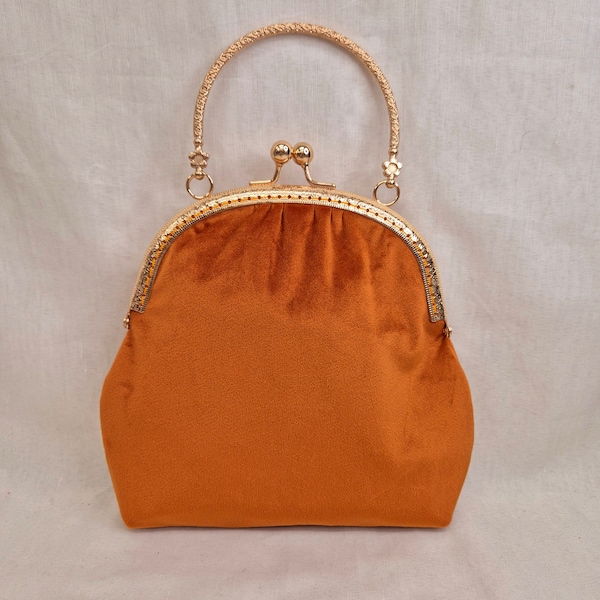 Sac à main en velours orange avec fermoir baiser/sac à main avec serrure Kiss orange/mariage/demoiselles d'honneur/bal de promo/sac à main orange/sac à poignée supérieure orange/sac en velours orange/sac orange