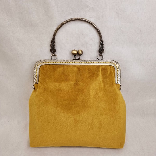 Mustard Yellow Kiss Clasp Clutch Bag/Wedding Clutch/Prom Clutch/Mustard Velvet Kiss Lock Purse/Evenings Out Clutch/Velvet Top Handle Bag