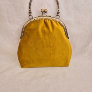 Mustard Gold Velvet Kiss Clasp Bag/Mustard Kiss Lock Clutch Bag/Wedding/Bridesmaids/Prom/Special occasions/Mustard Gold Top Handle Clutch