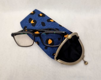 Blue Leopard Print Glasses Case/Glasses Case/Kiss Lock Sunglass Case/Reading Glasses Case/Eyewear Case/Pencil Case/Crochet Hook Case