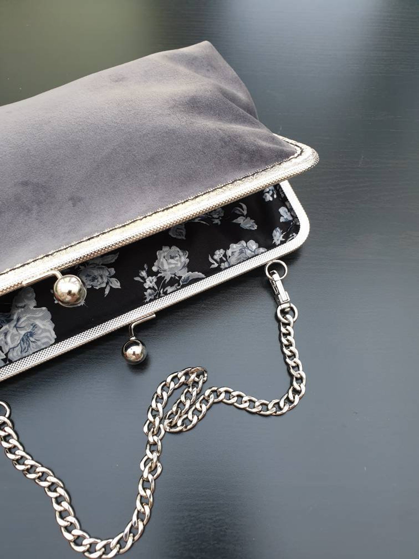 Grey Velvet Kiss Clasp Purse/Kiss Clasp Clutch Bag/Wedding Etsy