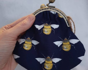 Navy Blue Bumble Bee Coin Purse/Kiss Clasp Coin Purse/Small Change Purse/Money Purse/Medium Coin Purse/Card Purse/Bee Purse/Bumblebee Purse