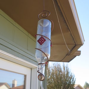 Hand wrapped Copper Wire Wine Bottle Hummingbird Feeder with large charm and red beads