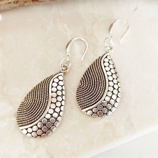 Antique silver teardrop earrings, tribal boho dangle earrings, tear drop ethnic earrings, gifts for her, Sterling Silver 925 ear wires