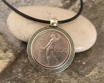 Collier pièce de monnaie, collier pièce de monnaie lire italienne, cadeau 50e anniversaire pour homme, bijoux pièce de monnaie antiques, collier pour homme, 50 lires, collier pièce de monnaie étrangère