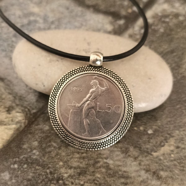 Coin Necklace, Italian lira coin necklace, 50th birthday gift for men, Antique coin jewelry, Mens necklace, 50 liras, Foreign coin necklace