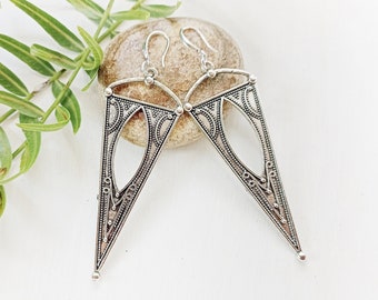 Art deco earrings, Silver Long Triangle Earrings, Vintage style Boho Earrings, Dangle Statement Earrings, Sterling Silver 925 hooks