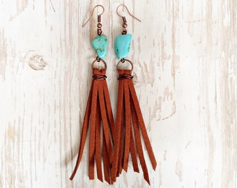 Boho earrings, Leather Tassel earrings, Western earrings, Turquoise Jewelry, Long leather earrings, Ethnic, Bohemian, Turquoise Earrings