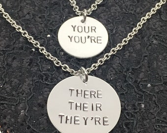 Spelling Your You're There Their They're  Hand Stamped Metal Necklaces
