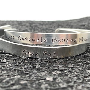 Princess Consuela Banana Hammock and Crap Bag Friends Bracelet Set Hand Stamped Metal Jewelry
