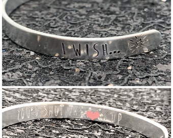 EXPLICIT I Wish... Magic Wand Secret Message Cuff Bracelet Hand Stamped Metal Jewelry