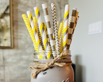 My Lil Sunshine Paper Straws, Yellow and Gray Striped Paper Straws, Striped paper straws, Chevron Gray Straws, Chevron Yellow Paper Straws