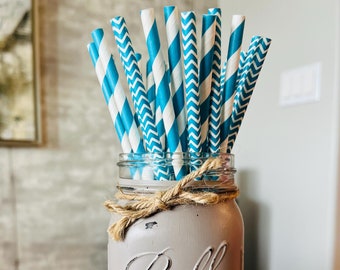Teal Striped Paper Straws, Striped paper straws, Teal Chevron Paper Straws, Chevron Paper Straws, Paper Straws, Teal Party Straws