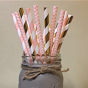 Pink and Gold Striped Paper Straws, Striped paper straws, Chevron Pink Straws, Minnie Mouse Decorations, Pink and Gold Party Straws, MInnie image 1