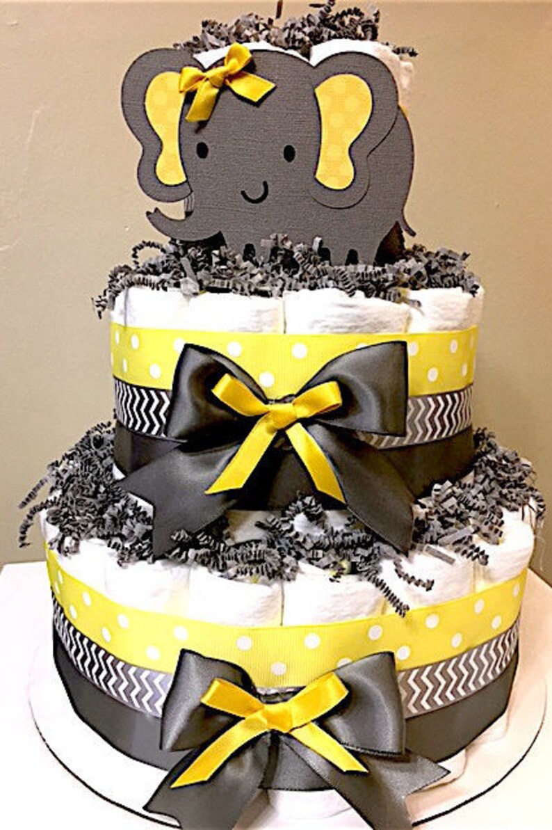 Elephant Yellow and Gray Diaper Cakes, Elephant Decorations, Elephant Baby Shower, Elephant Centerpiece, Yellow and Gray Baby Shower image 1