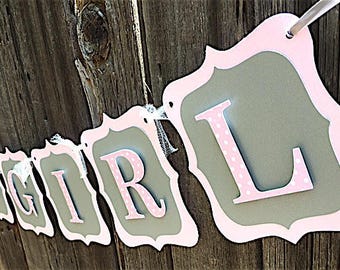 Banner de bebé rosa y gris, lunares rosa, banner de baby shower, decoraciones de baby shower, banner rosa y gris "It's A Girl", Its A Girl