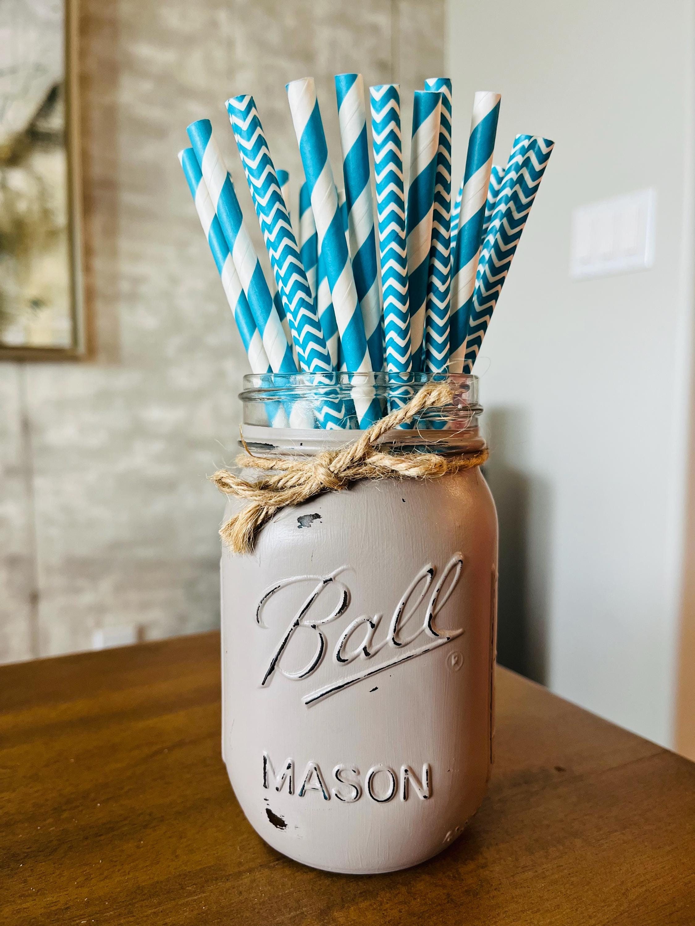 Unique Striped Paper Straws, 40-Count Teal - Eco-Friendly Disposable Straws For Parties & Crafts