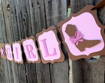 Estandarte de niña vaquera, baby shower de vaquera, decoraciones de vaquera, estandarte de niña de botas de vaquera, estandarte de niña, estandarte rosa y marrón