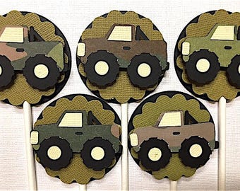 Camouflage Monster Truck Cupcake Toppers, Truck Birthday, Truck Baby Shower, Truck Decorations, Set of 12