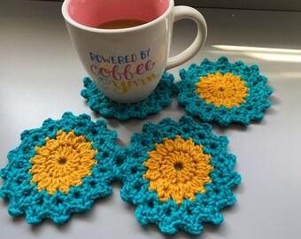 Crochet teal coffee coasters set of 4