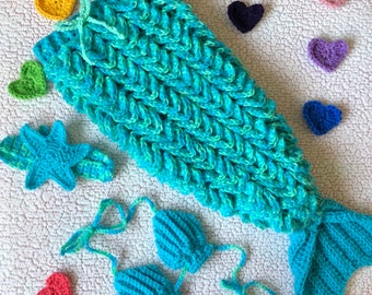 Crochet Baby Mermaid Tail Photo Prop: Seashell Bikini, Starfish Headband (6-12 Month)