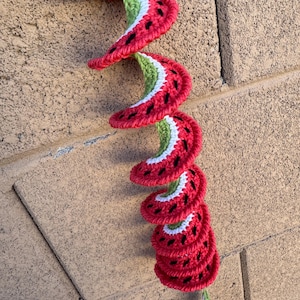 May include: A spiral-shaped crochet hanging decoration featuring a watermelon pattern. The design consists of repeating segments in red, white, and green yarn, with small black stitches embroidered on the red sections to represent watermelon seeds.