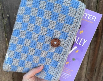 Blue and Gray Checkered Crochet Book Journal Sleeve