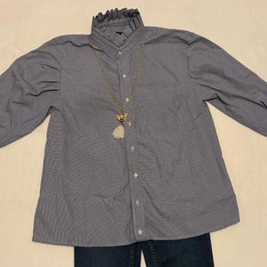 Woman’s Large Upcycled Refashioned Office Work Dark Blue Checked Blouse with Ruffles and Pocket made from Men’s Dress Shirt