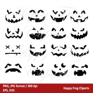 May include: Sixteen black and white Halloween face designs are shown. Each design has a different carved expression, with various eye and mouth shapes. The image includes the text "PNG, JPG format / 300 dpi EPS, SVG" and "Happy Frog Cliparts".
