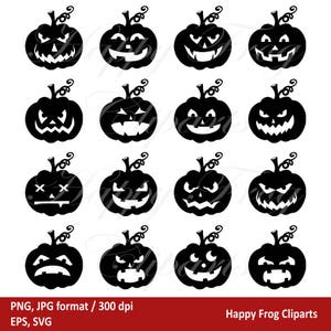 Könnte beinhalten: Eine Sammlung schwarzer Halloween-Kürbis-Silhouetten mit verschiedenen geschnitzten Gesichtern. Jeder Kürbis hat einen Stiel und eine lockige Ranke. PNG, JPG Format, 300 dpi. Happy Frog Cliparts.