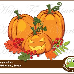 May include: A digital illustration of three orange pumpkins, one carved with a jack-o'-lantern face, surrounded by fall foliage and red berries. The image has the text "Autumn pumpkins" and "Happy Frog Cliparts".