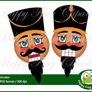 以下が含まれることがあります： 黒い帽子をかぶった茶色の肌の漫画のくるみ割り人形の顔2つ。左側のくるみ割り人形は口を大きく開けて笑っています。右側のくるみ割り人形は口を閉じて眉をひそめています。