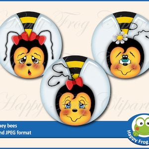 May include: Set of three cartoon bee illustrations with yellow and black striped bodies, white wings, and cute faces. Each bee has a different expression and features. The bees are on a white background with a blue border.