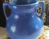 Antique Salt Glazed Brilliant Blue Two Handled Stoneware Urn
