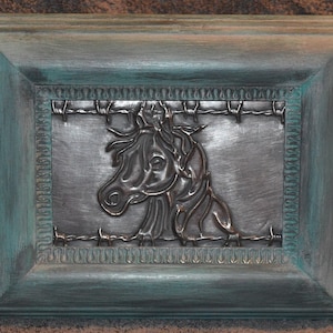 Western Horse Pewter Metal Art - Embossed in a distressed chalk paint frame