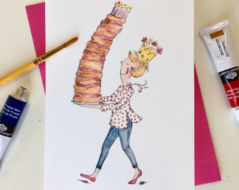 May include: A birthday card featuring a cartoon illustration of a person wearing a crown and carrying a tall stack of cake with candles. The person is wearing a red and white polka dot shirt, blue jeans, and red shoes.