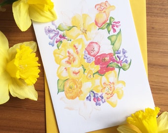 May include: A watercolor painting of a bouquet of yellow, white, and red flowers. The flowers are arranged in a loose, natural style, and the painting is done in a soft, romantic style.