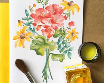 May include: A watercolor painting of a bouquet of flowers. The bouquet includes red geraniums, yellow black-eyed susans, and green foliage. The flowers are painted in a realistic style, with delicate details and soft colors.