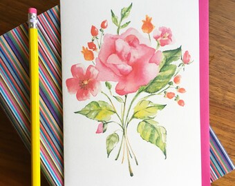 May include: A watercolor painting of a pink rose with green leaves and orange buds. The painting is on a white card with a pink border.
