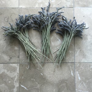 May include: Three bundles of dried lavender flowers arranged in a triangle on a light gray tiled surface.