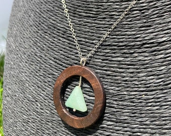 Walnut Wood Necklace with Green Aventurine Triangle Bead, Handmade Wood Jewelry