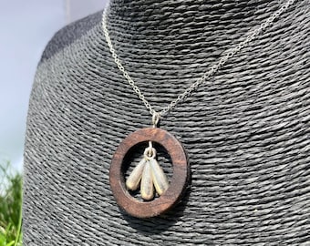 Walnut Wood Necklace with Tibetan Silver Drop Charms, Handmade Wood Jewelry
