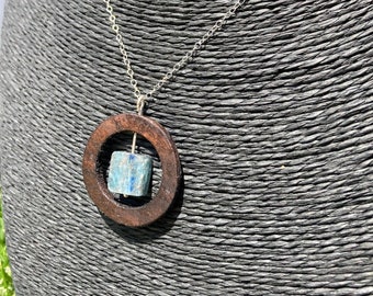 Walnut Wood Necklace with Kyanite Square Bead, Handmade Wood Jewelry