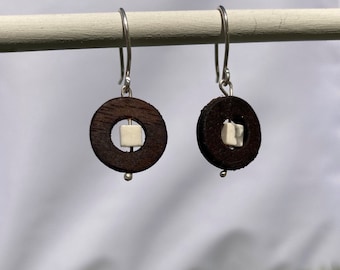 Walnut Wood Earrings with White Howlite Square Bead, Handmade Wood Jewelry