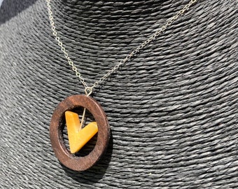 Walnut Wood Necklace with Yellow Jade V-Shaped Bead, Handmade Wood Jewelry