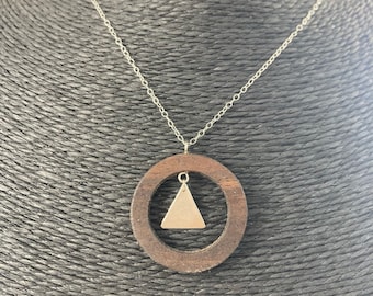 Walnut Wood Necklace with Sterling Silver Triangle, Handmade Wood Jewelry
