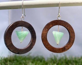 Walnut Wood Earrings with Green Aventurine Down Pointing Triangle, Handmade Wood Jewelry