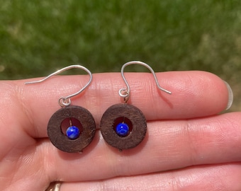 Walnut Wood Earrings with Natural Lapis Bead, Handmade Wood Jewelry