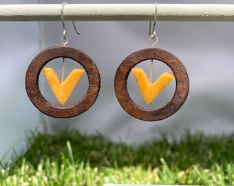 Walnut Wood Earrings with Yellow Jade V-shaped Bead, Handmade Wood Jewelry